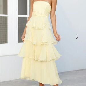 Hello Molly Strapless Yellow Tiered Midi Dress